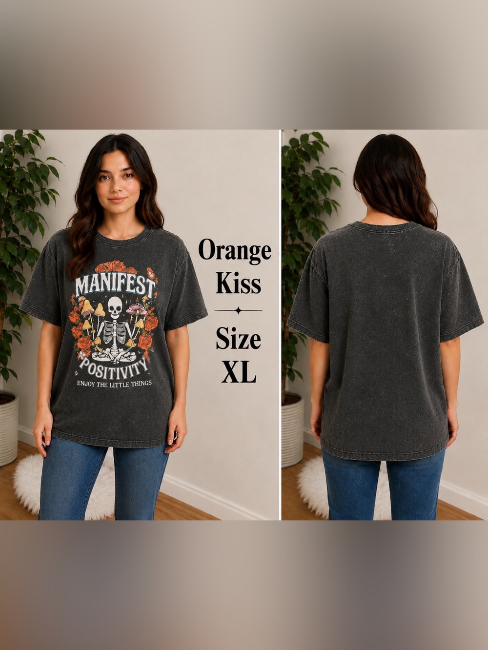 Orange Kiss Manifest Positivity Graphic Tee Size XL Acid Wash Gray Boho Goth